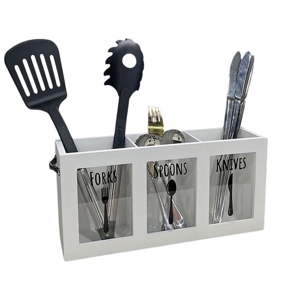 Luiuiu Wooden Utensil Caddy, Kitchen Flatware Organizer, 3-Compartment Fork Spoon Knife Holder with Handles, Countertop Organizer for Kitchen Dining