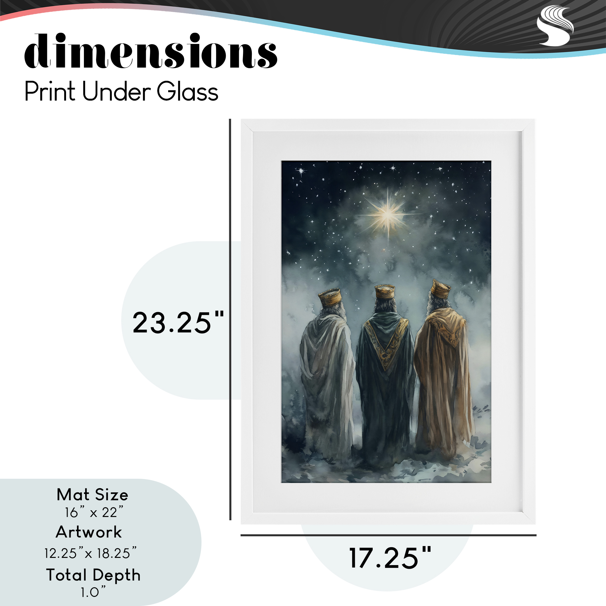 Three Wise Men & North Star White Framed Print Under Glass, design by Petal Prints Design
