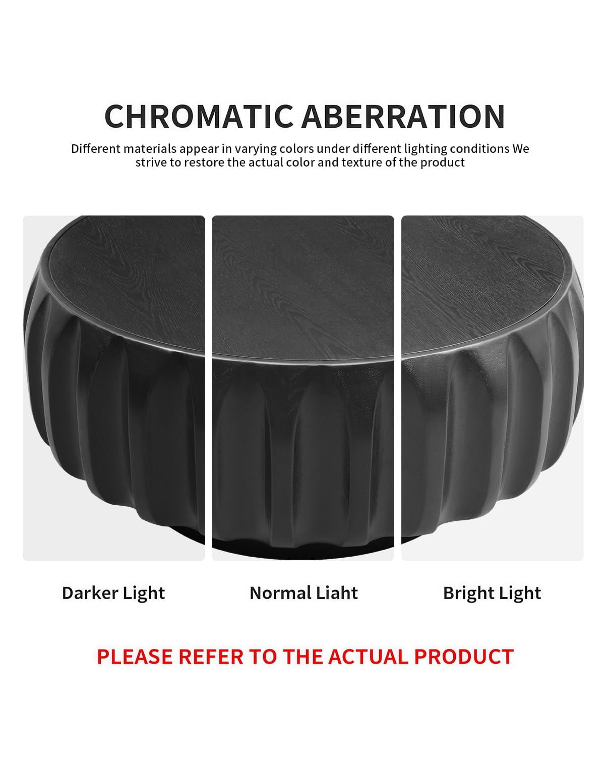 31.5" Round Drum Coffee Table, Fluted Design with Black Solid Wood Veneer for Contemporary Living Room