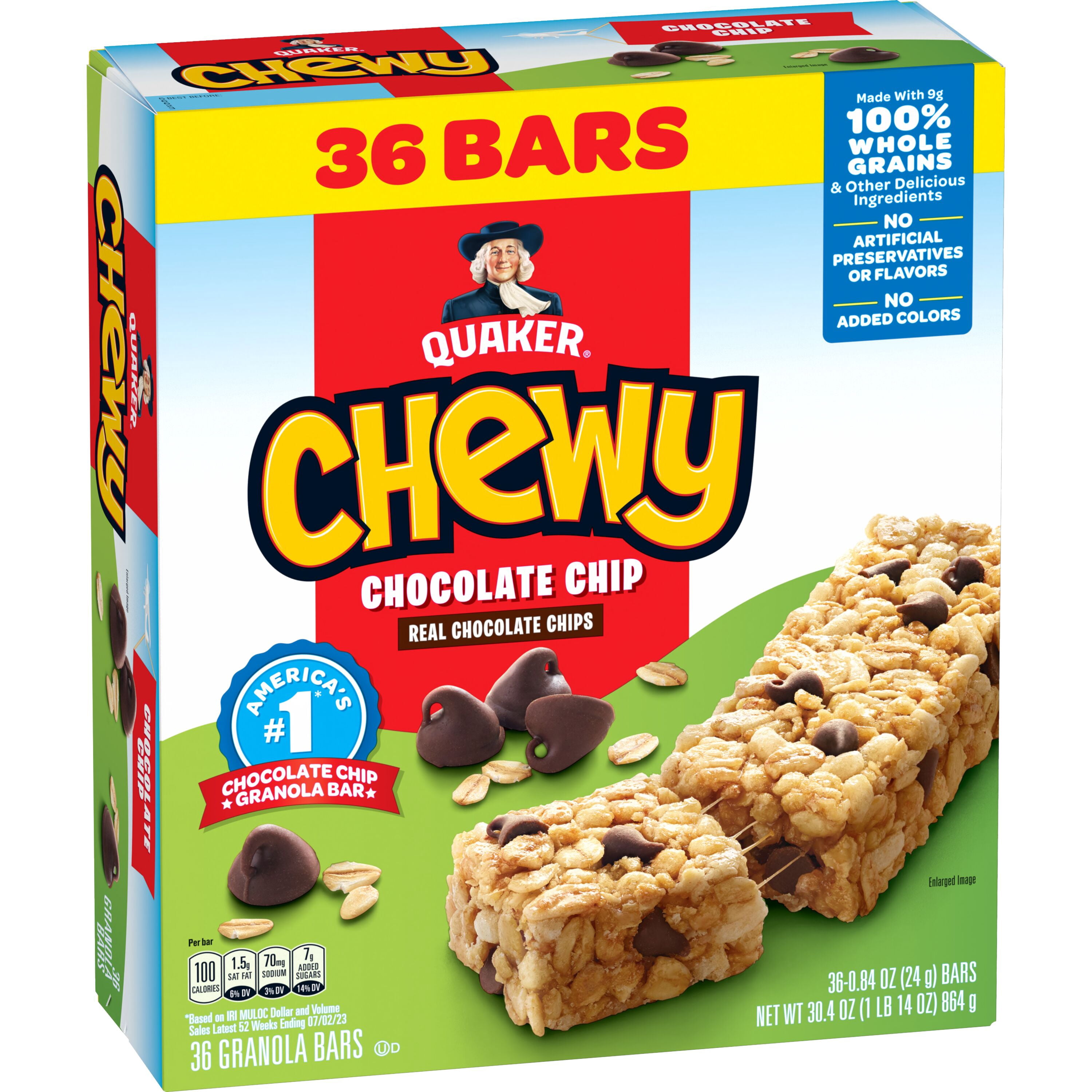 Quaker Chewy Granola Bars, Chocolate Chip Flavor, 0.84 oz, 36 Count
