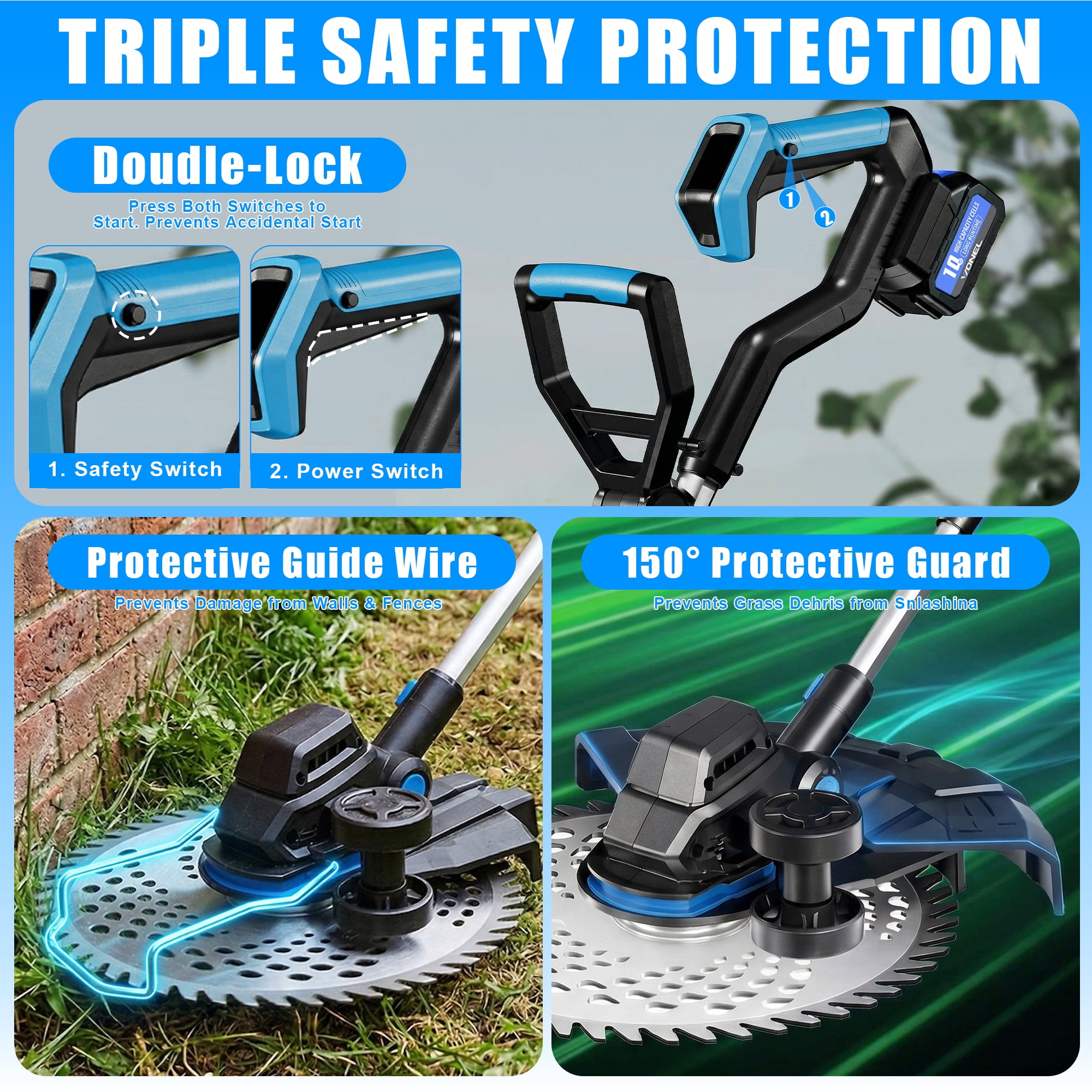Cordless Electric Weed Wacker with 2 × 4.0Ah Batteries, Brushless Weed Eater, 3-in-1 Grass Trimmer & Lawn Mower, Multi-Functional Garden Tool