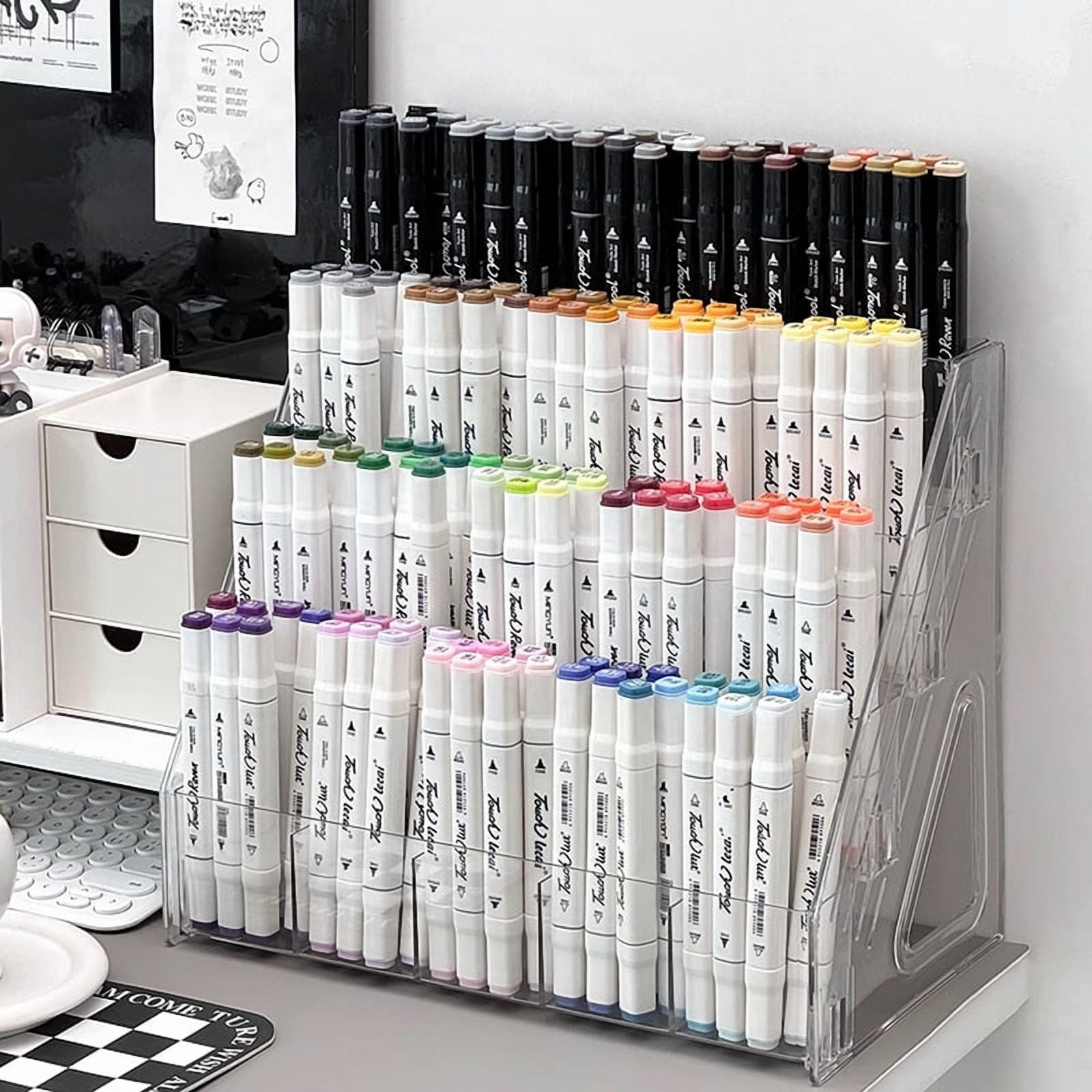 Large Capacity Staircase Pen Holder - Multi-Compartment Desk Organizer & Art Supply Storage Box for Markers, Pencils, and Office Accessories