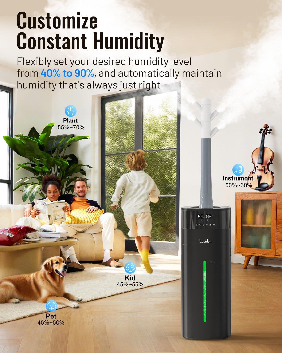 Large Room Humidifier, Cool & Warm Mist, 20L/5.3Gal Whole House Humidifier with Essential Oil Diffuser, Extended Tube, Covers up to 2000 Sq ft, Black