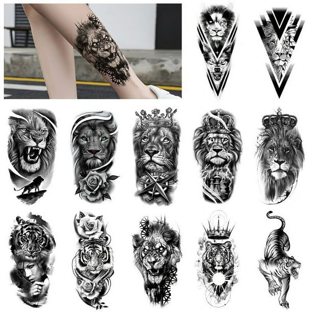 RV 12 Leones Tribales, Tigres, Tatuajes Temporales Negros para Hombres y Mujeres, Calaveras Aterradoras de Halloween, Pegatinas Falsas de Tatuaje de Pandillas Negras para Niños, Pequeños Tatuajes Real