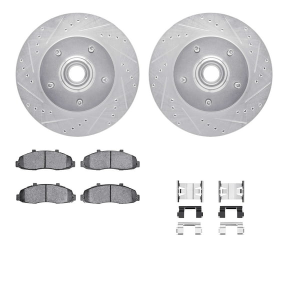 Dynamic Friction Company Front Brake Rotors-Drilled and Slotted-Silver with 5000 Advanced Brake Pads includes Hardware 7512-54135