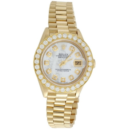 Womens 18k Gold Automatic Watch - Pre-Owned Rolex 18K Gold President 26mm DateJust 69178 VS Diamond White MOP Watch 1.38 CT.