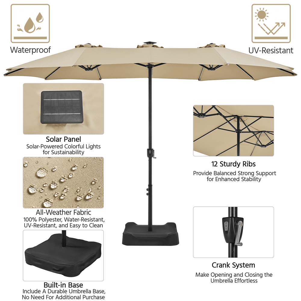 Renwick 15 FT Outdoor Umbrella with Base & Multi-Mode LED Lights Strips, Tan