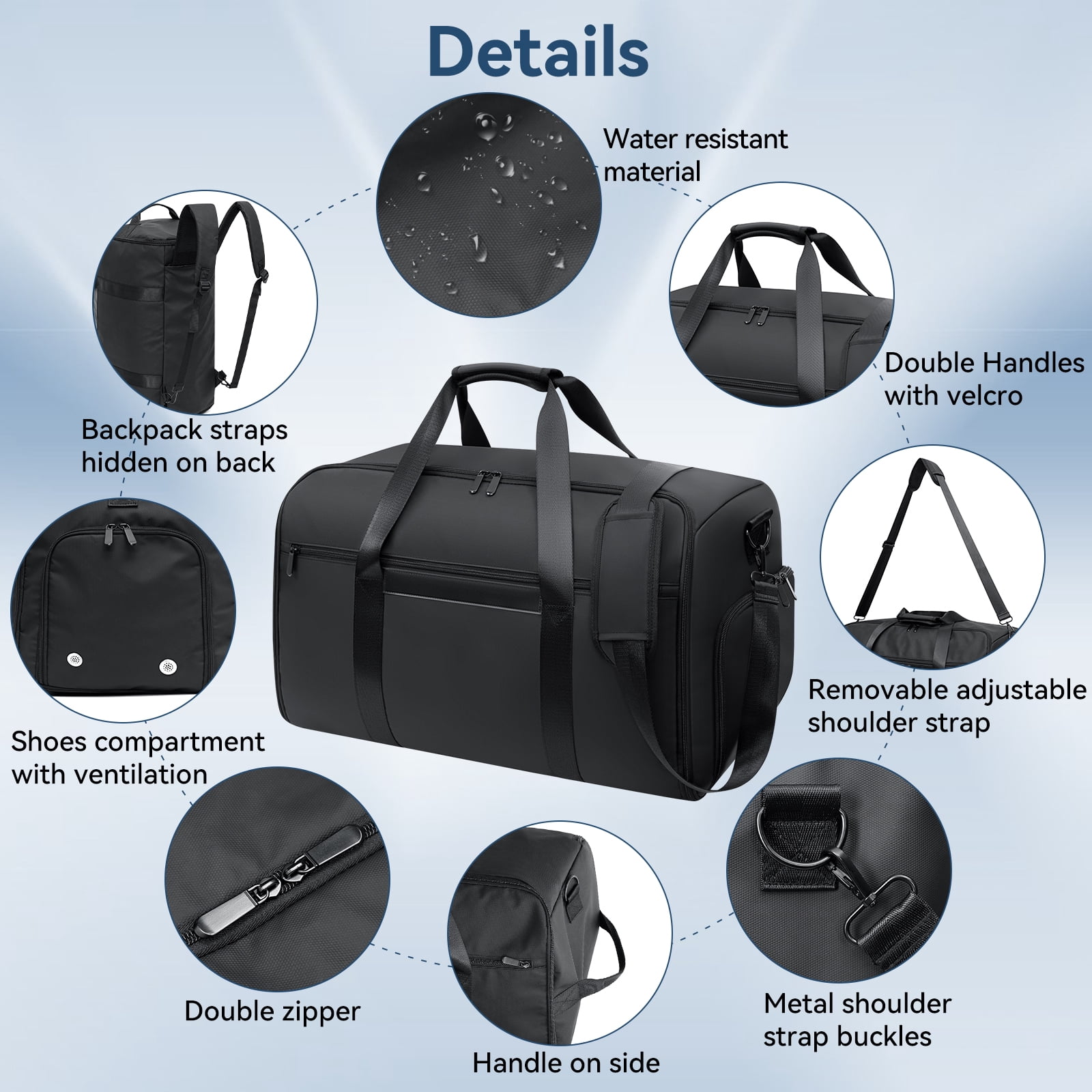 HONEIER Garment Bag for Travel 4 in 1 Waterproof Travel Suit Bag with Shoulder Strap Convertible Garment Duffel Bag with Shoe Compartment for Men Women, Carry on Luggage Bags Gym Bag, Black, 55L