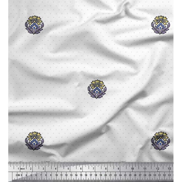 Soimoi Polyester Crepe Fabric Dot,Leaves & Floral Block Printed Fabric 1 Yard 52 Inch Wide