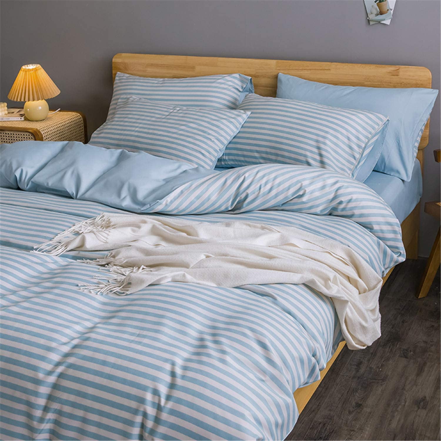 3 Pcs Stripe Blue White Duvet Cover Sets with Button Queen, Reversible