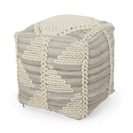 Noble House Binger Denim, Wool, and Cotton Handcrafted Pouf, Beige, 16&quot; x 16&quot;