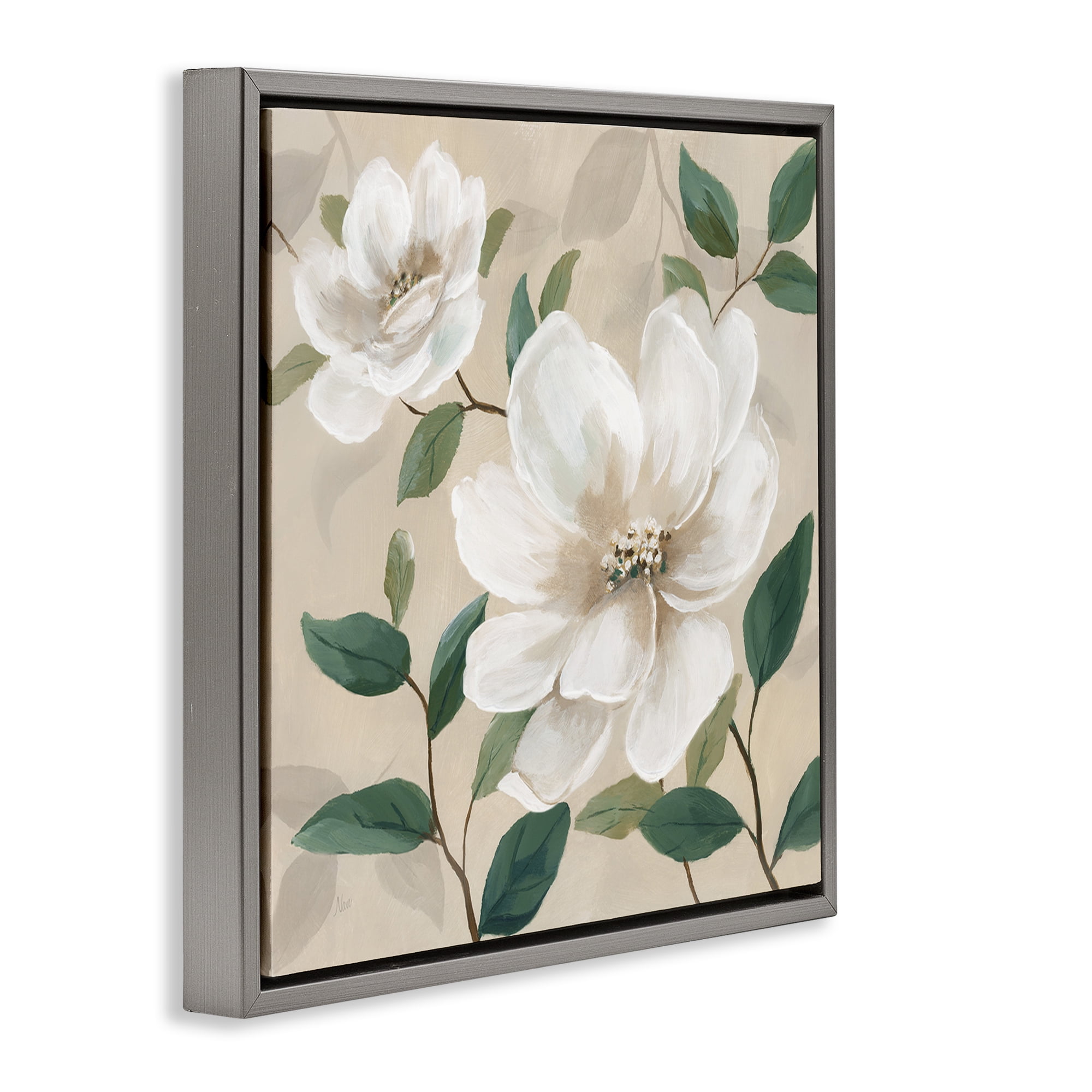 Stupell Industries Serene White Blossom with Leaves Gray Framed Floater Canvas Wall Art, design by Nan