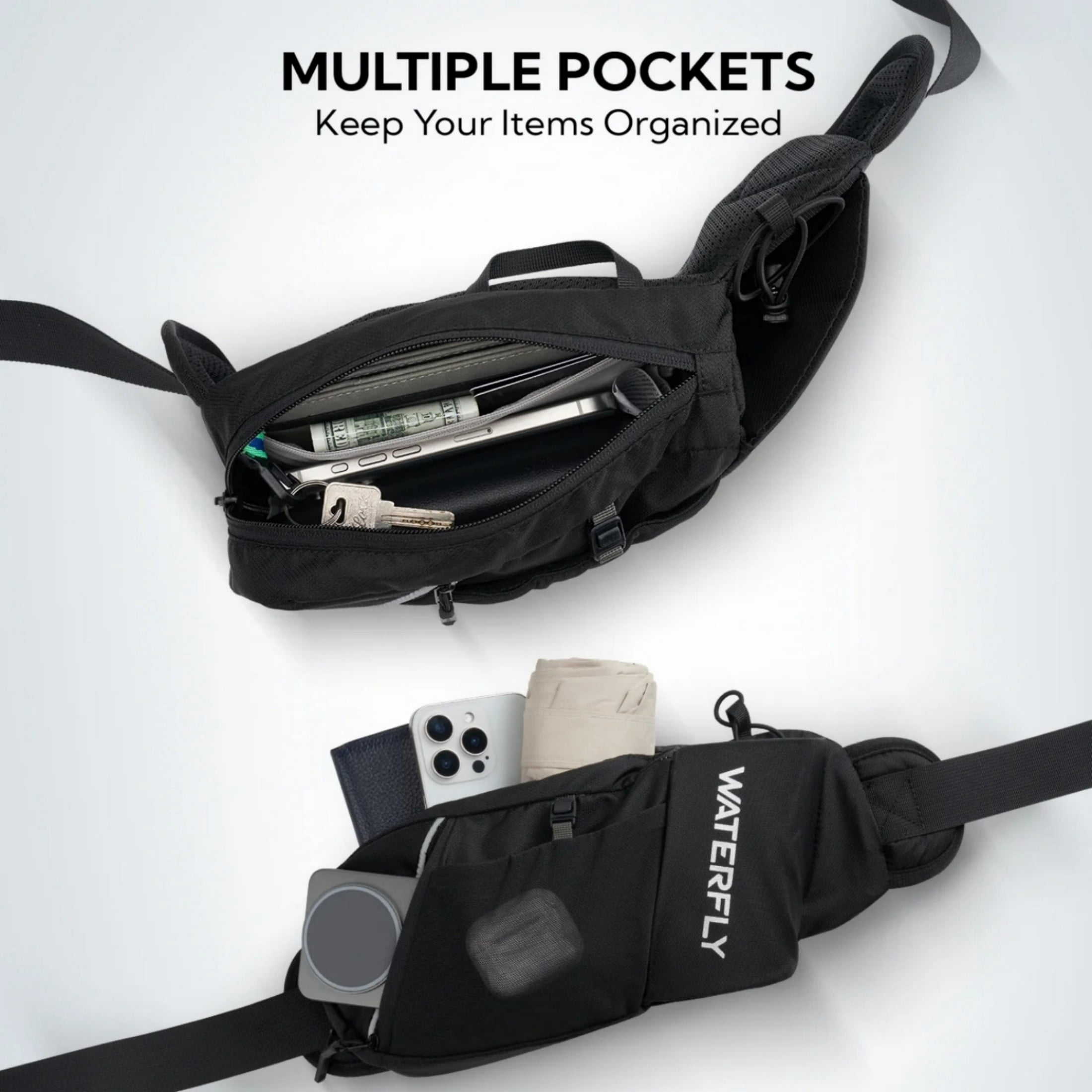WATERFLY Unisex with Bottle Holder Running Walking Hiking Nylon Fanny Pack Waist Bag,Black