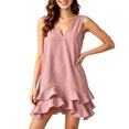 thumbnail image 4 of QUNYINEY A Line Sun Dresses for Women Pink Summer Sleeveless Mini Tank Dress V Neck Ruffle Loose Fit Casual Dresses, 4 of 8