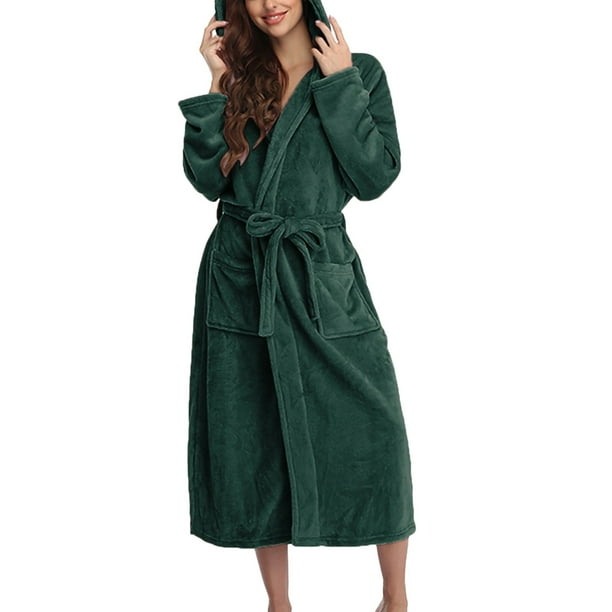 Batas Prolriy para mujer, bata de baño con capucha, ligera, suave, de felpa, larga, de franela, para dormir, bata de baño con capucha, bata larga y cálida de felpa, bata de mujer, verde, L