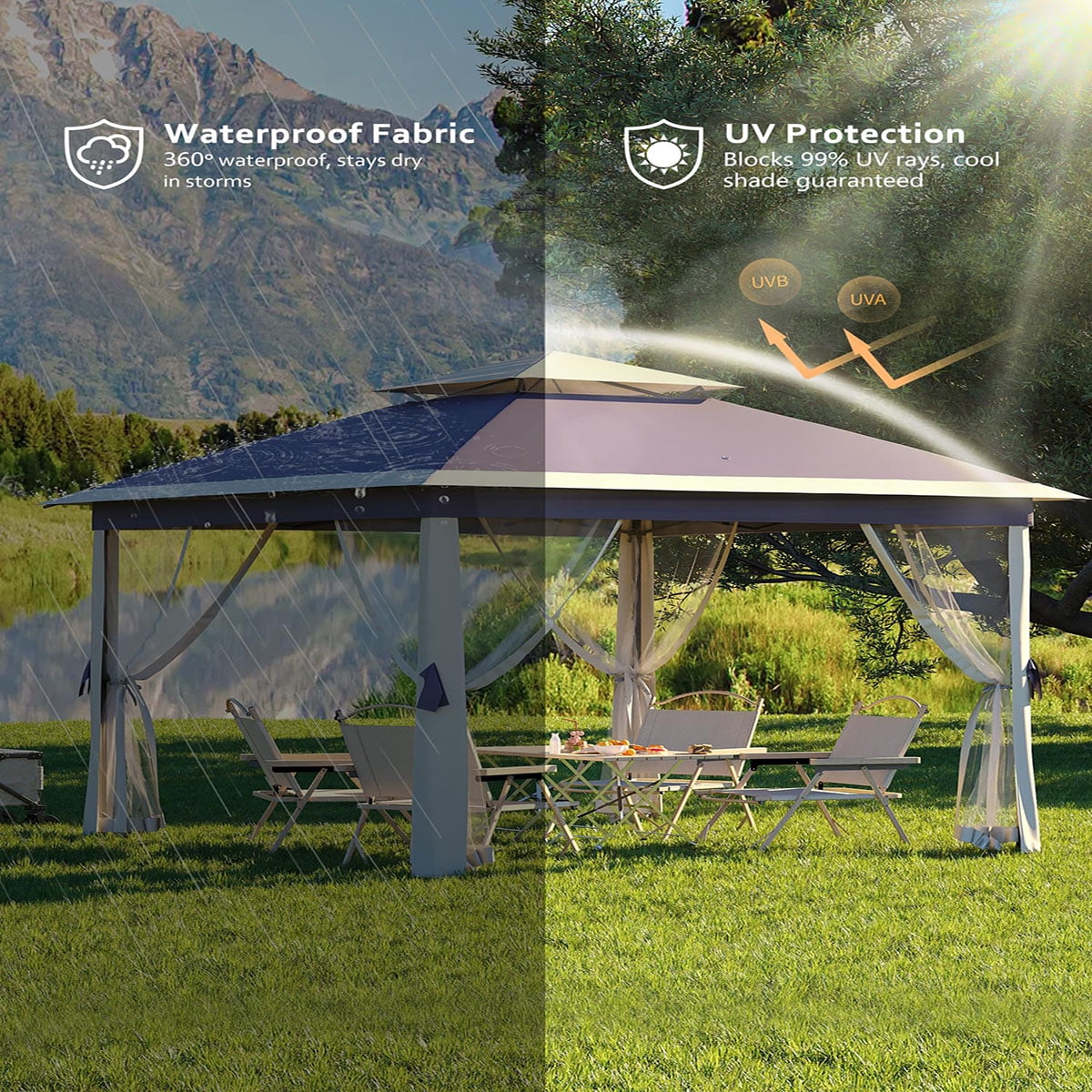 Ataucjin 11x11 FT Outdoor Gazebo, Heavy Duty Pavilion with Sturdy Metal Frame & Double Roofs, Patio Shelter with Mosquito Netting, Ideal for Backyard, Garden, Lawn, Deck