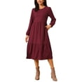 thumbnail image 2 of Women's Fall Dresses Long Sleeve Round Neck Tiered Casual Knit A-Line Midi Dress with Pockets L Burgundy, 2 of 6