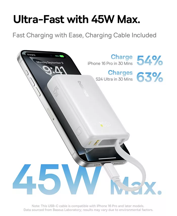 Baseus 10000mAh Power Bank,45W Portable Charger with Built-in USB-C Cable 3-Output LED Display, Fast Charging External Battery Pack Picogo Powerbank, White