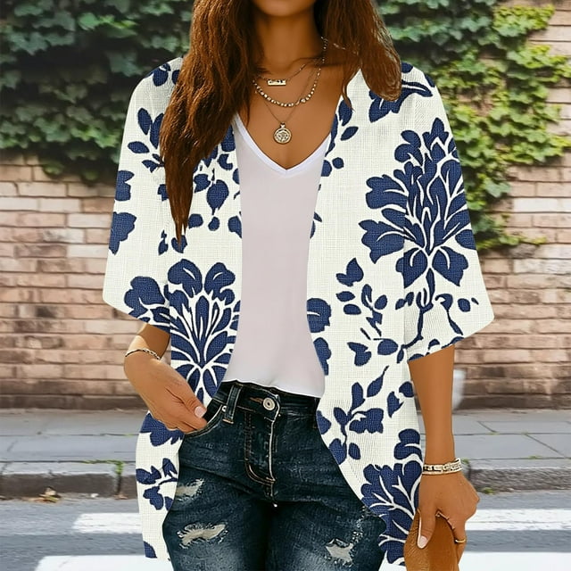 Xuyuer Spring Beach Cover-Up Cardigan - Women's 3/4 Sleeve Casual Shirt for Summer Seaside Outings, Resort Vacations, Breezy Seasonal Layering Top & Coastal Stroll Essentials