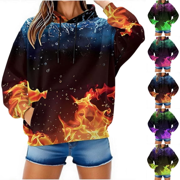 NuoCaiYun Fall Winter Sweatshirts for Men and Women Hooded Sweater Flame Printed Pullover Blouse with Pocket