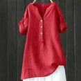 thumbnail image 2 of Dyfzdhu Linen Shirts for Women Loose Fit Button Shirt Top Stand Solid Color Sleeve Collar Casual T Shirt Summer Tops Red, 2 of 3