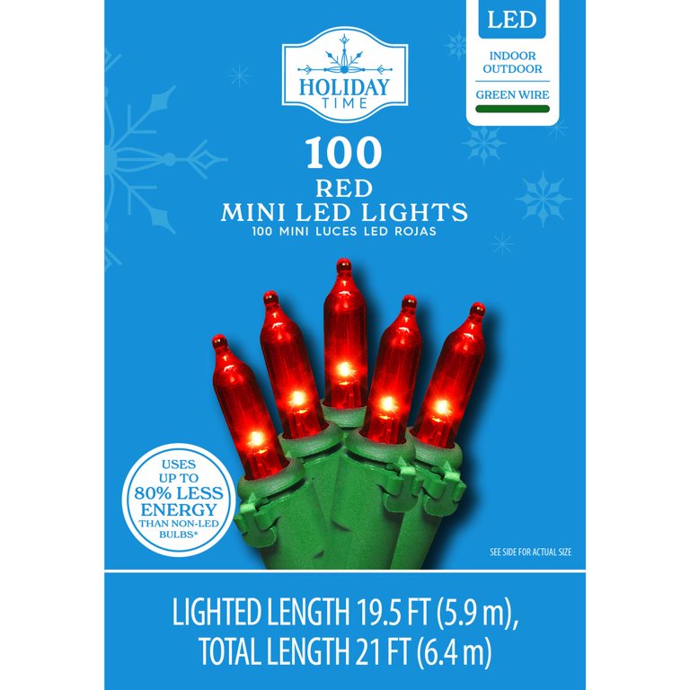 100-Count Red Incandescent Mini Christmas Lights, with Green Wire, 21',  Holiday Time