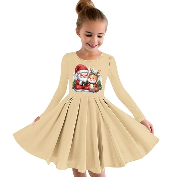 Odeerbi Toddler Girls Skater Twirl A-Line Dress Long Sleeve Pleated Dancing Dress Spring Fall Christmas Dress 4-14 Years Children Christmas Printed Princess Dress Toddler Clothes Khaki
