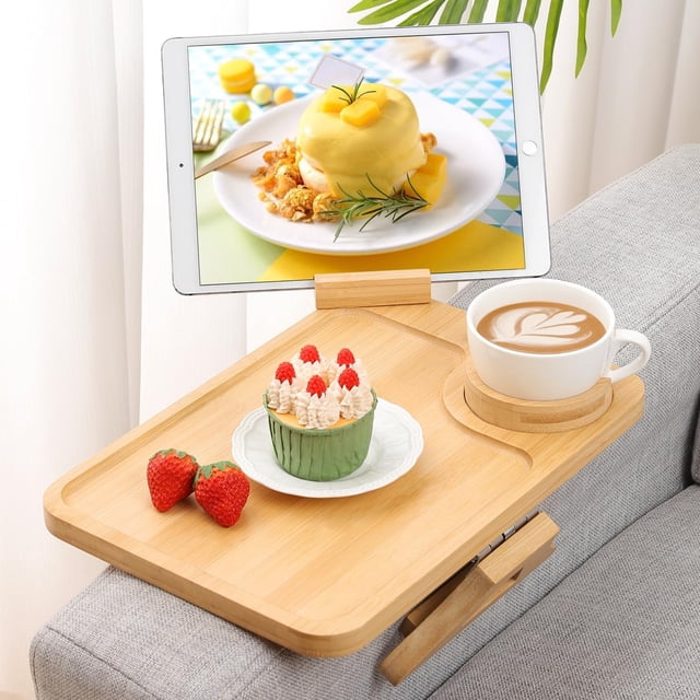 Kssiaz Couch Arm Tray Bamboo Sofa Tray Table for Couch Sofa Armrest Tray Table -Slip Armrest Organizer Foldable Couch Cup Holder for Snacks Phone Control Cups Natural