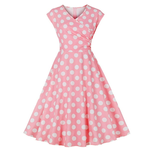 Gibobby Vestido de gasa de verano para mujer Vestido vintage de longitud media con y falda acampanada de estilo francés para mujer(Rosa,M)