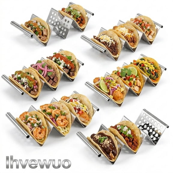 Taco Rack Set of 4, Perforated Stainless Steel with Easy-Access Handles, Oven, Grill & Air Fryer Safe, Holds 2-3 Tacos Each