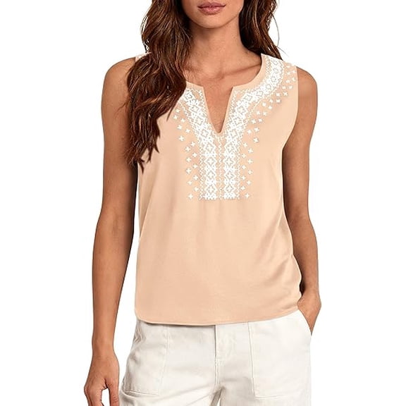 PRETTYGARDEN Womens Tank Tops Summer Causal V Neck Sleeveless Shirts Floral Print Embroidered Beach Vacation Boho Top