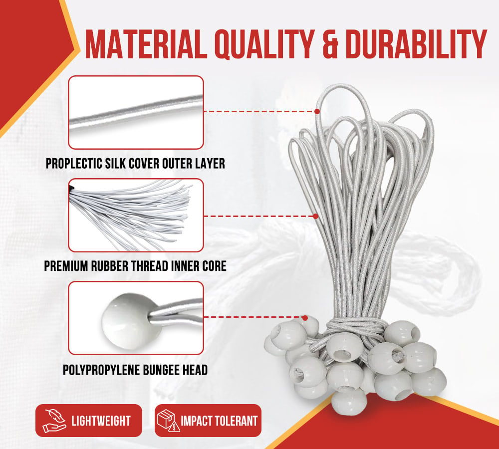 (500 Pcs) 9" White Ball Bungee Cords for Tarp Tie Down - Heavy Duty Canopy Bungee Loop Cords w/Balls for Camping, Shelter, Cargo, Tent Poles (5 MM Thick)