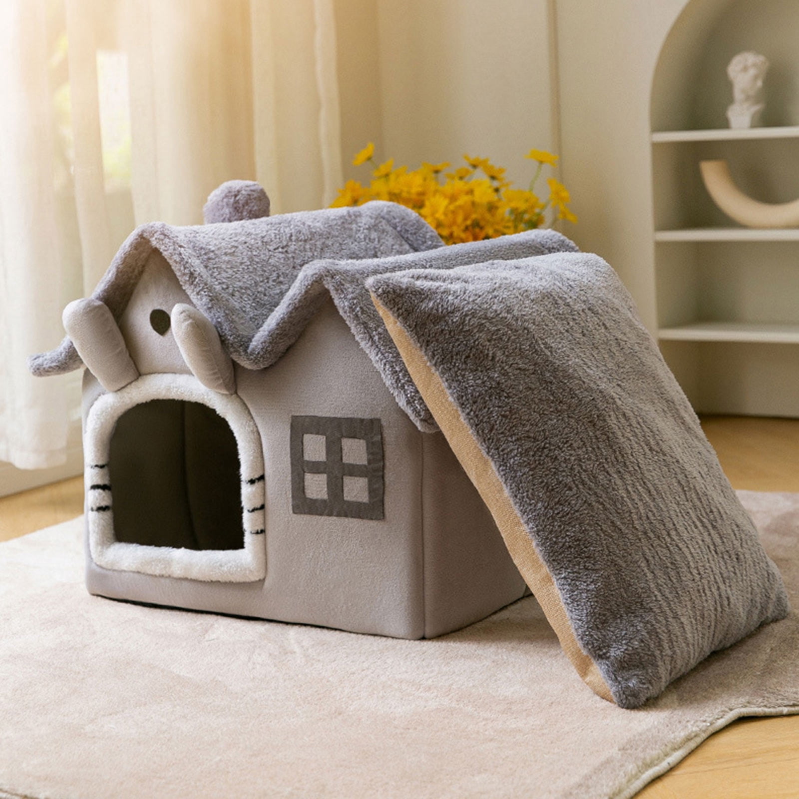 UNTERING Double Roof Detachable Pet Cat Bed Warm Cat Cushions Cat House Warm Cat Basket Dog Cat Nest Kennel for Small Dog Cat