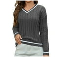 thumbnail image 2 of Jjayotai Women's Cable Knit V Neck Sweaters, Casual Long Sleeve Striped Pullover, 2024 Trendy Loose Preppy Jumper Top Gray M, 2 of 3