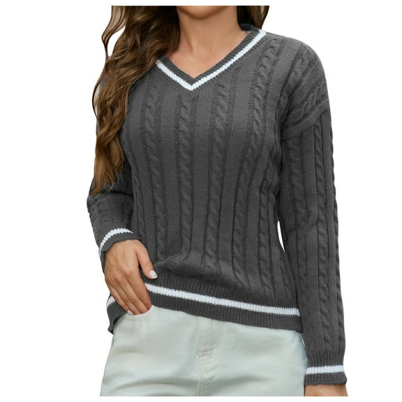 UYISJ Women's Cable Knit V Neck Sweaters Casual Long Sleeve Pullover Striped Trendy Loose Jumper Top Fall Shirt Gray XL