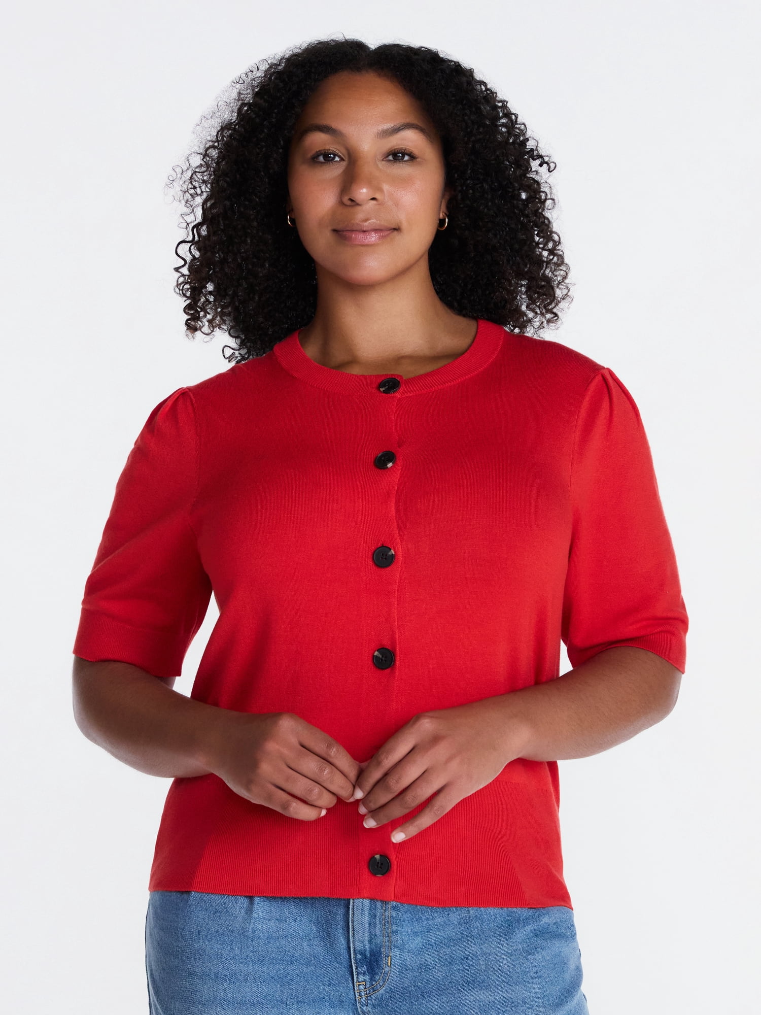 Time and Tru Woman's Crew Cardigan with Short Sleeves, Sizes XS-XXXL