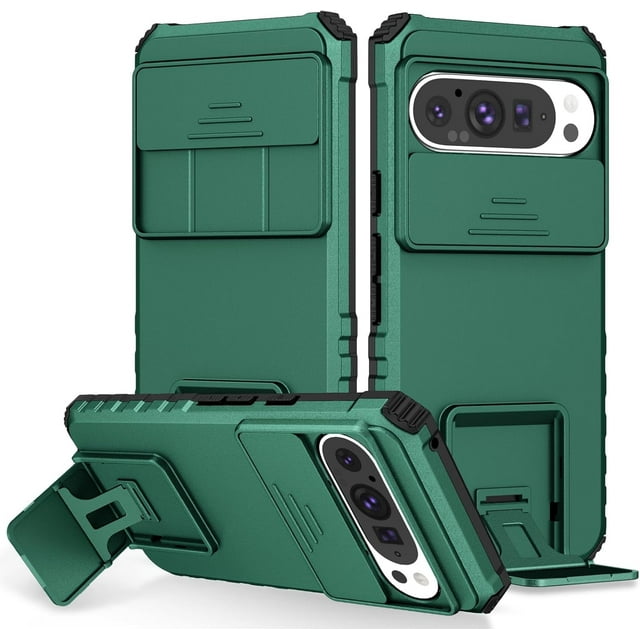 KOMI Compatible with Google Pixel 9/Pixel 9 Pro Case, Built in Slide Camera Lens Cover, Invisible Kickstand,Shockproof Full Body Protective Phone Cover (Green)