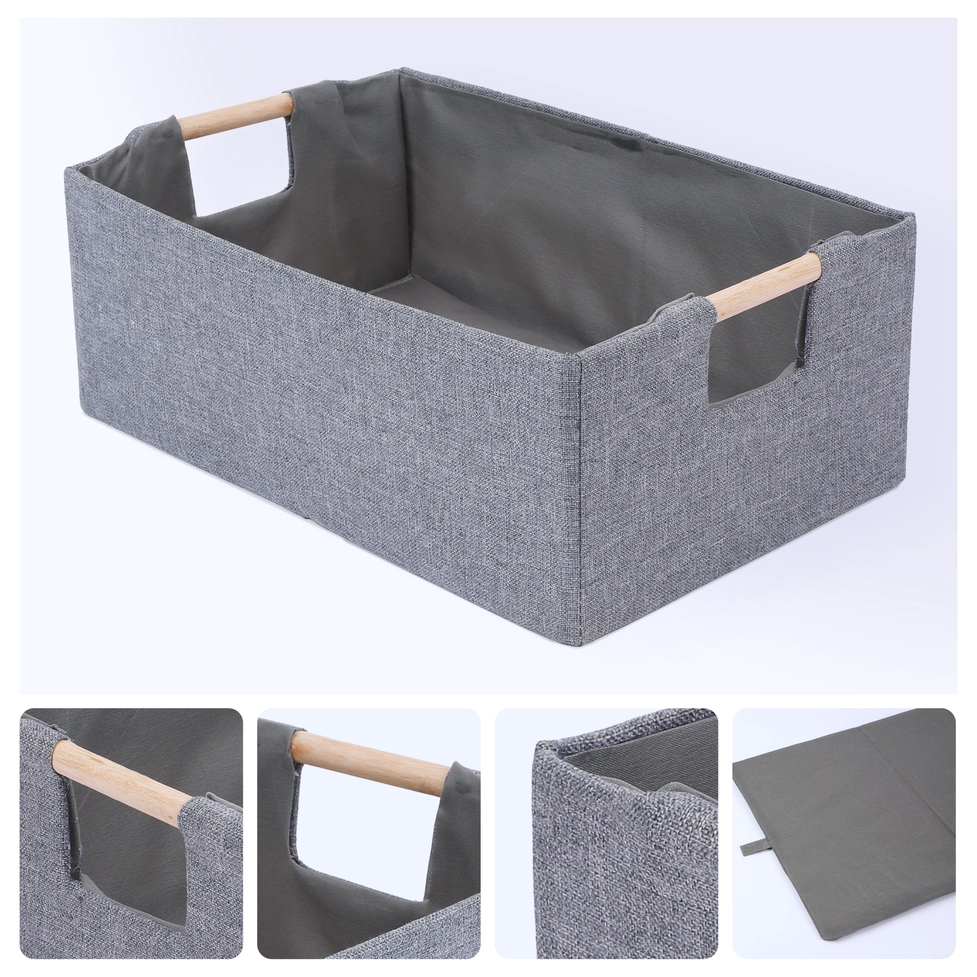 Unique Bargains Foldable Storage Basket with Wood Handles Gray 15*10.6*5.9