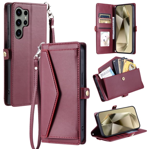Compatible with Samsung Galaxy S26 Ultra Envelope Style Wallet Case, with Wrist Strap and Crossbody Strap, Flip Card Holder Stand Rugged Cell Phone Cover for Galaxy S26 Ultra Women Men - Winered