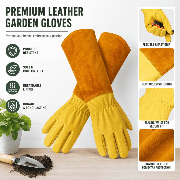 VETPW Long Thorn Proof Cowhide Leather Gardening Gloves photo 2