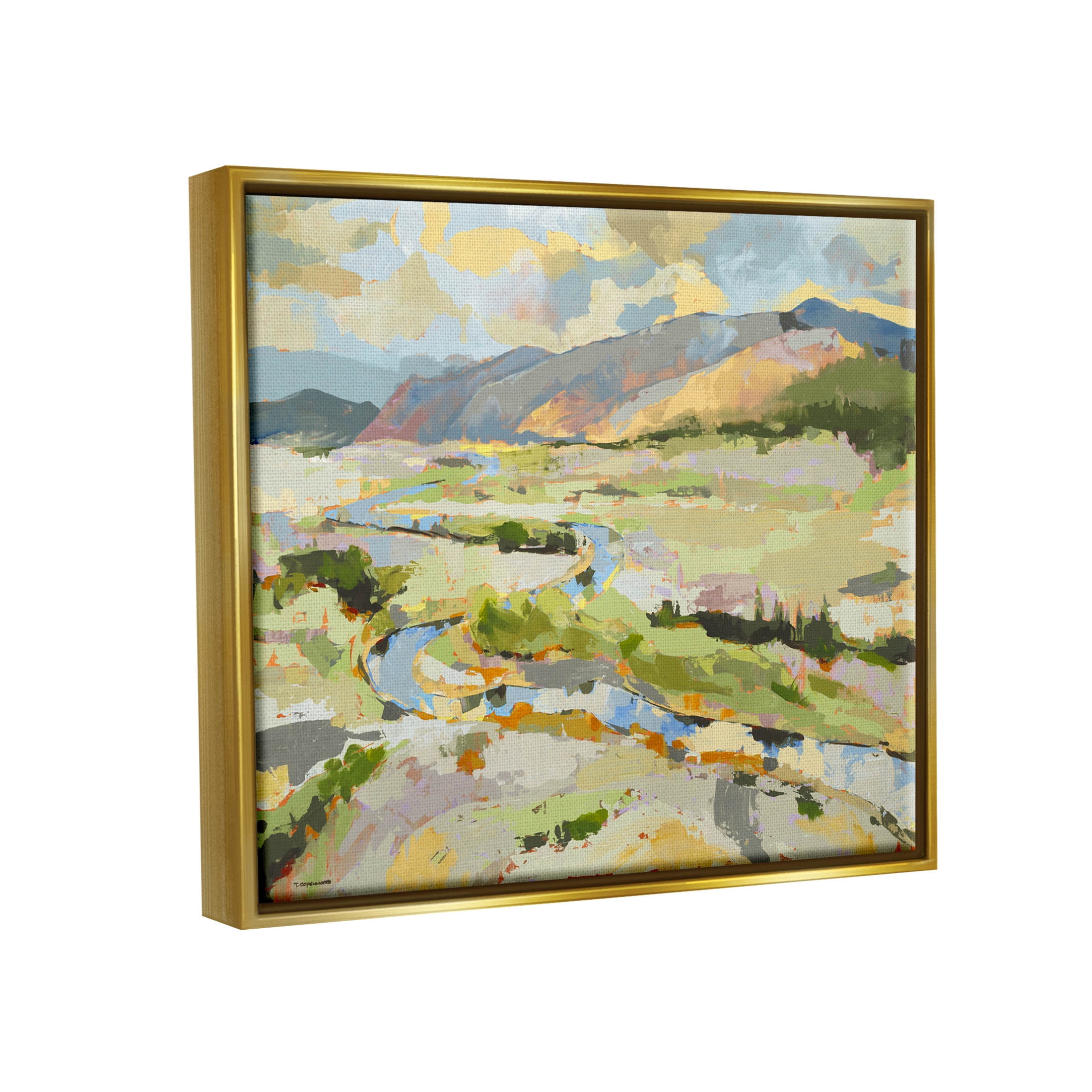 Lush Green Mountain Landscape Abstract Painting Metallic Gold Framed Art Print Wall Art