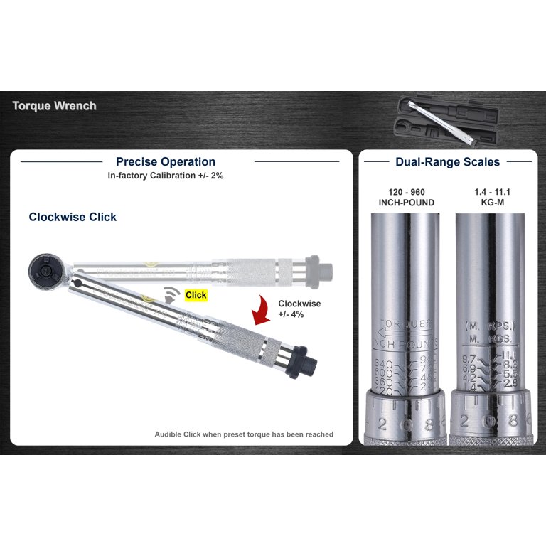 Precisebuilt 3/8 Drive 120-960 in-lb (1.4-11.1 kg-m) Click Torque Wrench