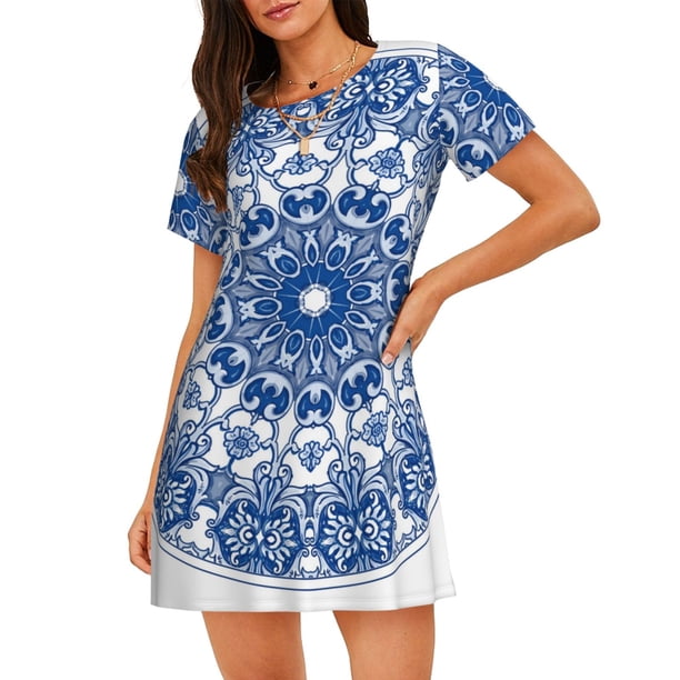 Fotbe Blue Watercolor Bata de Dormir para Mujer con Estampado, Camisón de Algodón de Manga Corta, Ropa de Dormir Casual