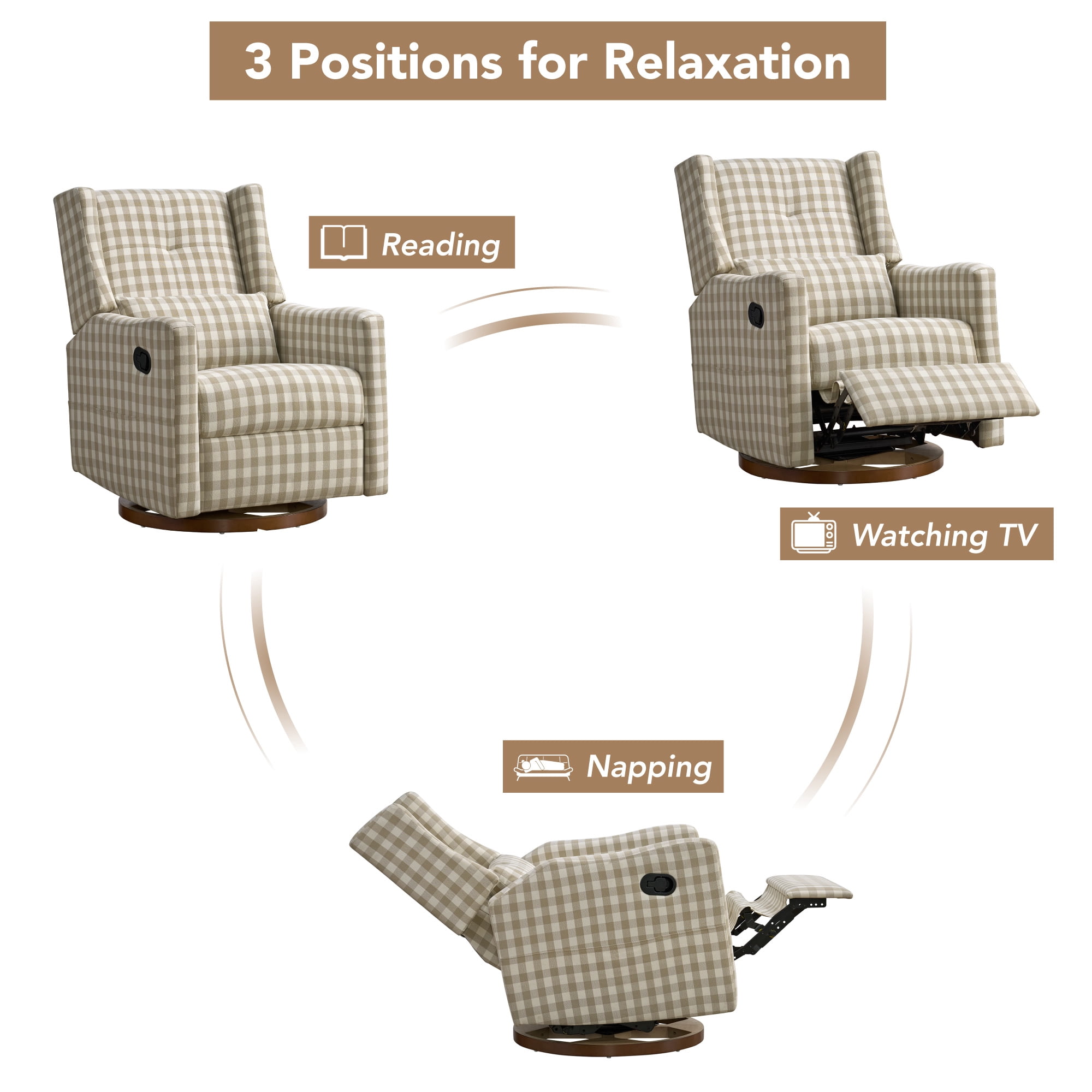 Spruce & Spring Manual Swivel Glider Recliner with Storage Pocket, Beige Gingham