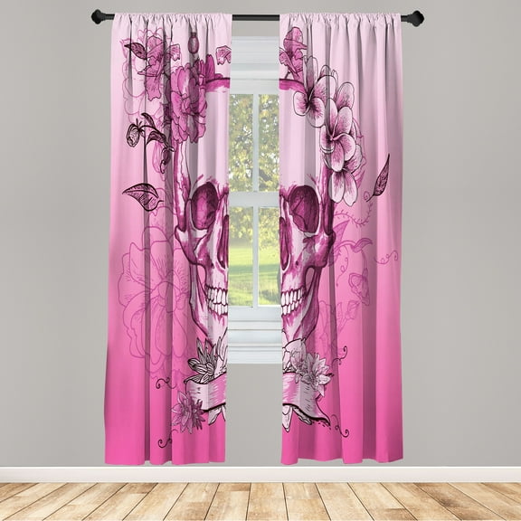 Ambesonne Grunge Curtains, Skull and Flowers Mexico, Pair of 28"x95", Pastel Pink
