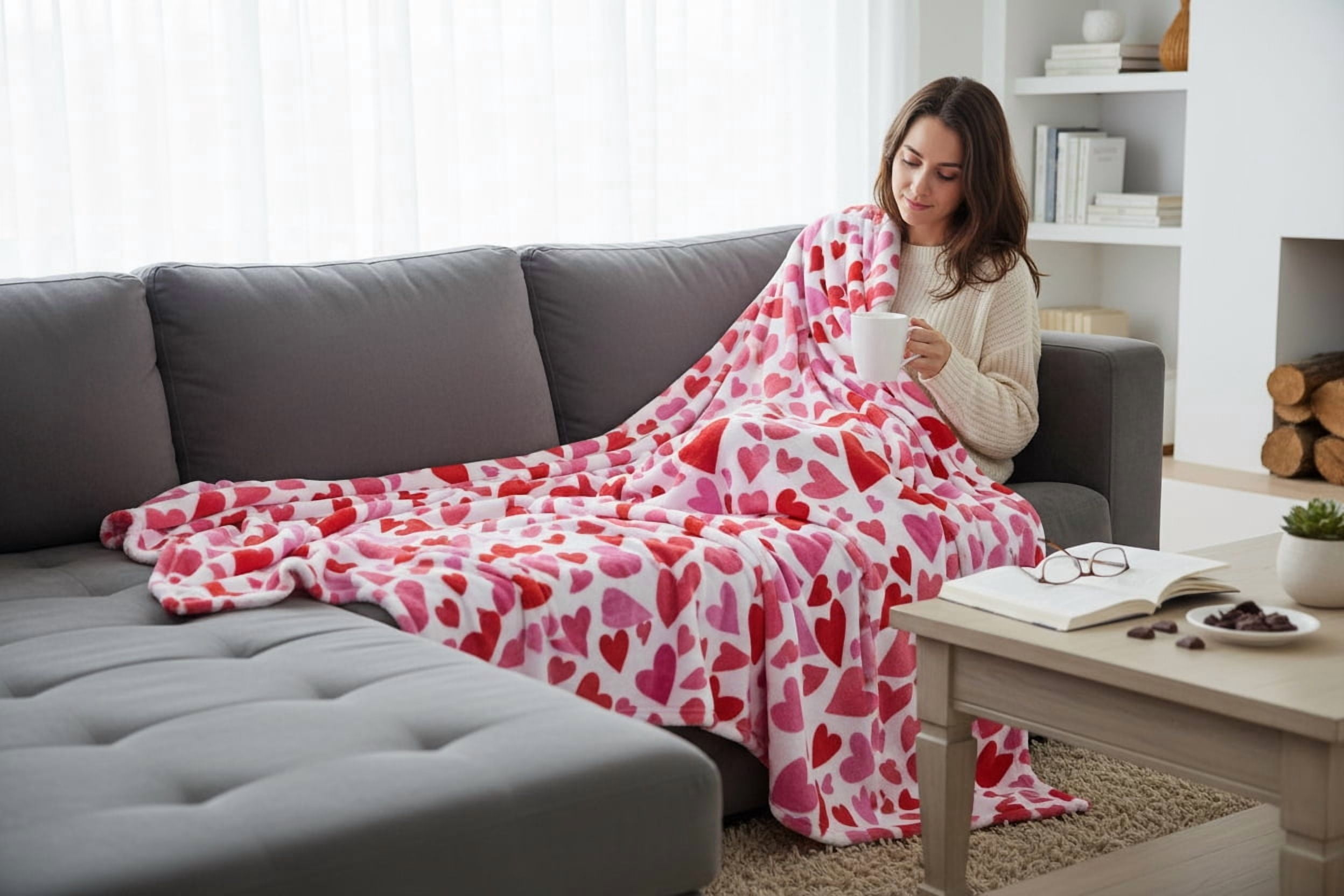Serafina Home Hearts Throw Blanket: Contemporary Pink and Red Hearts, Microfiber Fleece Velour, Accent for Couch Sofa Bed (Pink Red Hearts)