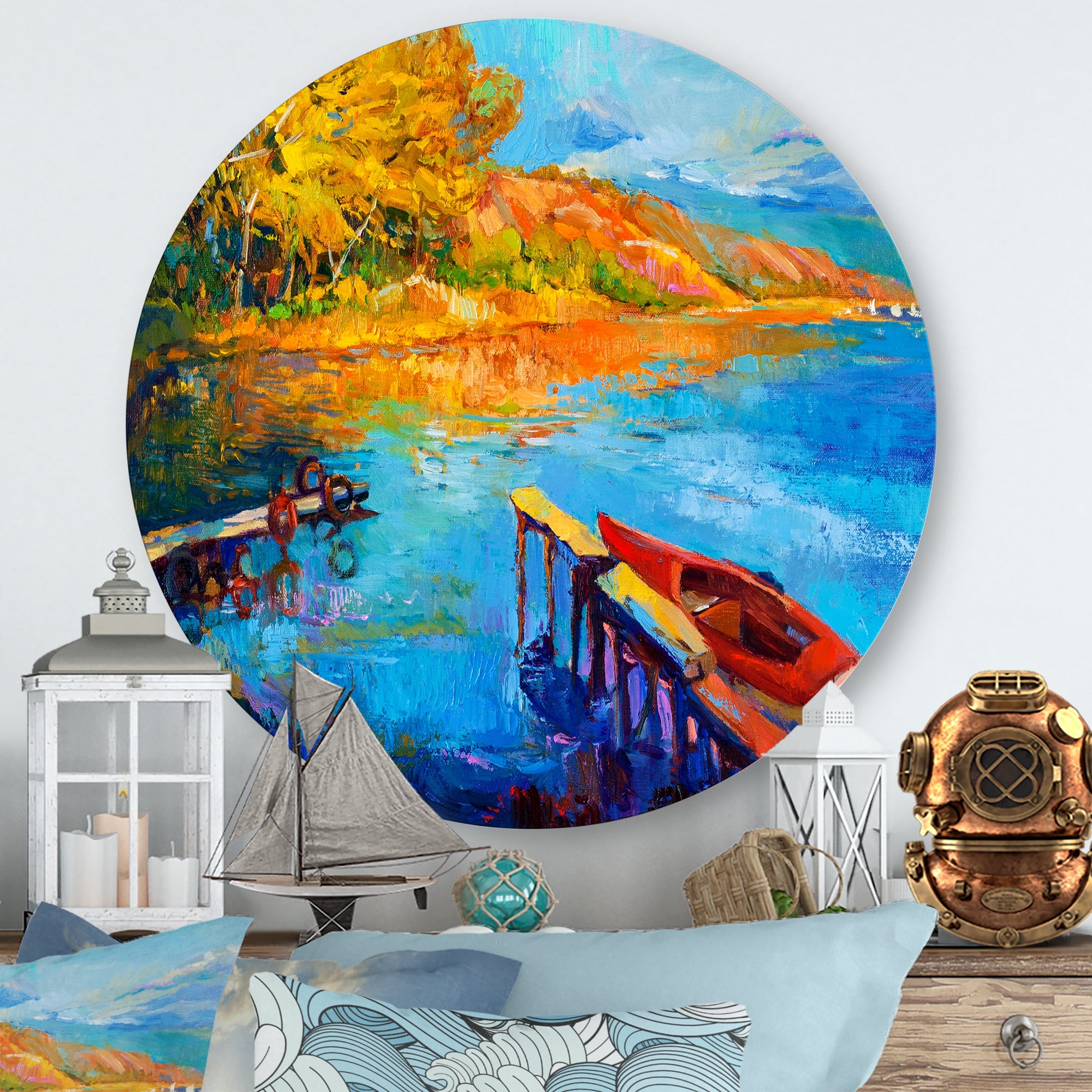 Designart 'The Lake At Sunset Evening Glow II' Lake House Circle Metal Wall Art 23x23 - Disc of 23