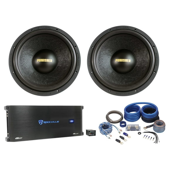 2) Rockville Punisher 15D1 15" 6000w Competition Subwoofers Mono Amplifier Wires