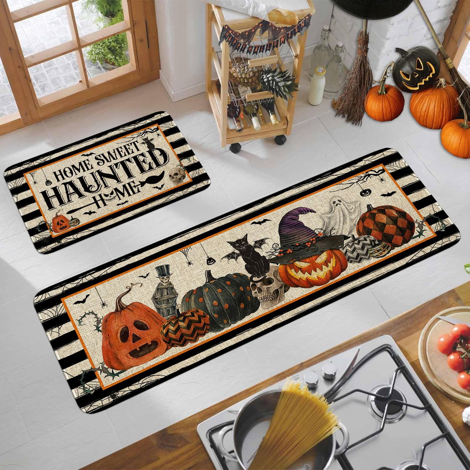 Roszwtit Set 2 Tappetini Da Cucina Per Halloween - Stampa Streghe, Antiscivolo, Lavabili, 43x73 E 43x119 Cm - 3