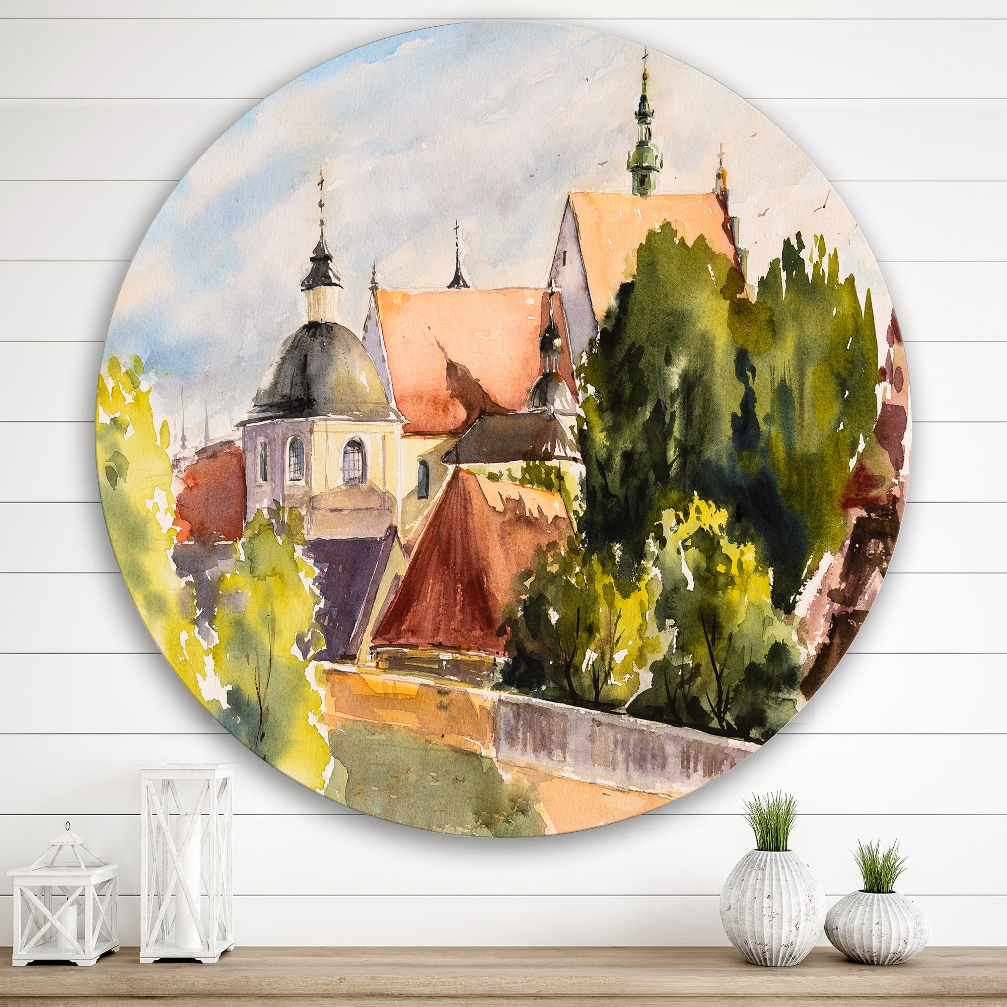 Designart 'View of Old Polish City Buildings In Nature' Traditional Circle Metal Wall Art 36x36 - Disc of 36